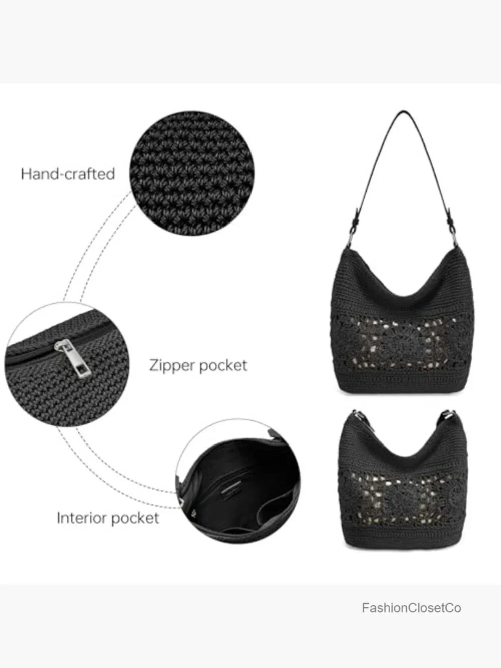 Crochet Hobo Bag Woven Boho Shoulder Purse Handbag with Leather Strap